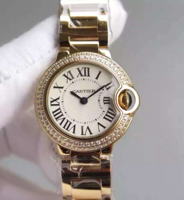 Cartier Ballon Bleu 28mm YG Diamonds Bezel White Dial Bracelet Ronda Quartz