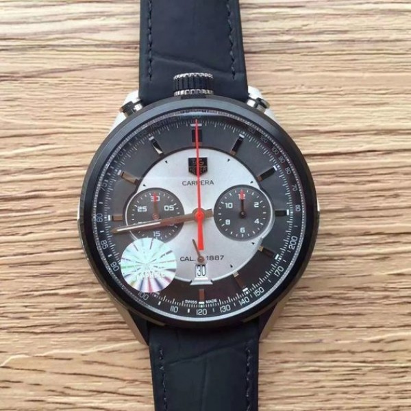 Tag Heuer Carrera 1887 Chrono V6F Gray/Silver Dial Black Leather Strap CAL1887